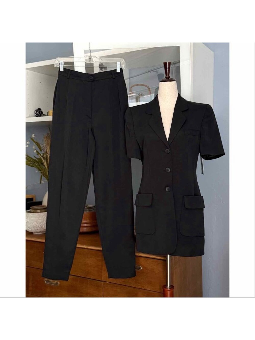 Vintage Louis Feraud Jacket Pant Suit Woven Rib Black Classic Office Siren